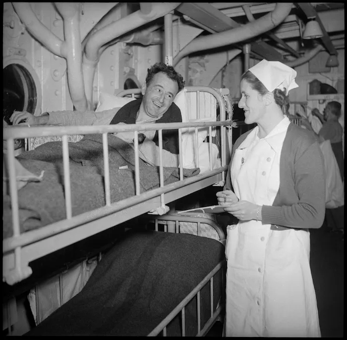 New Zealand patient on HMS Maunganui prior to departure for NZ, Port Tewfik, Egypt, World War II
