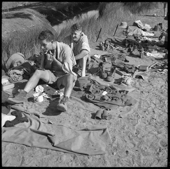New Zealand World War 2 soldiers resting during a route march, Egypt