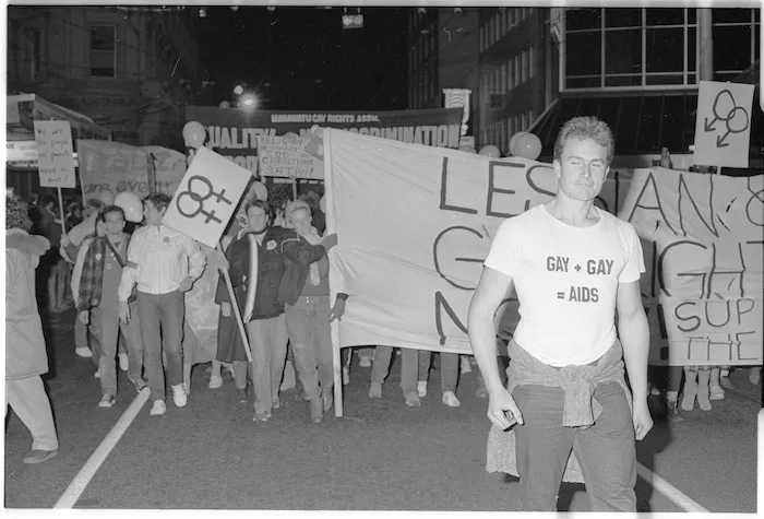 Anti homosexual law reform protestor, Wellington, New Zealand - Photograph taken by Ross Giblin
