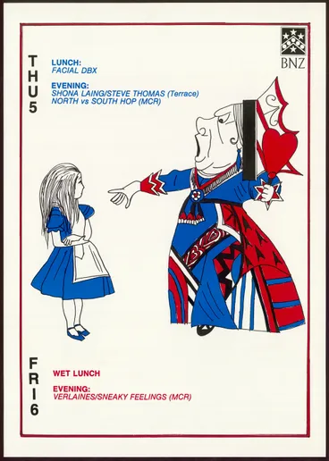 Image: [Poster advertising concerts by Shona Laing, Steve Thomas, Verlaines & Sneaky Feelings that includes a drawing taken from Alice in Wonderland]