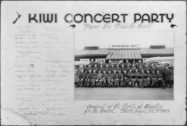 Kiwi Concert Party from the Middle East. Arrival of the Party at Hamilton for the Concert. Theatre Royal Oct. 20th 1943. Image: Kiwi Concert Party from the Middle East. Arrival of the Party at Hamilton for the Concert. Theatre Royal Oct. 20th 1943.