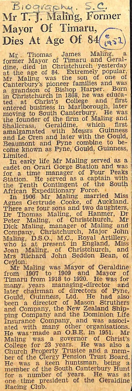 Mr T J Maling, Former Mayor Of Timaru Dies At Age Of 84