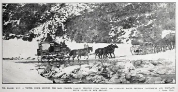 Image: The frozen way : a winter scene showing the mail coaches passing through Otira Gorge, the overland route between Canterbury and Westland, South Island of New Zealand