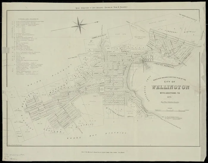 Wise's New Zealand directory plan of the city of Wellington, with additions to 1875 / drawn on stone by Thos. George.