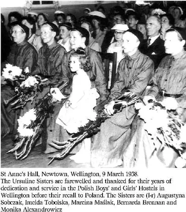 Image: St Anne's Hall, Newtown, Wellington, 9 March 1958. The Ursuline Sisters are farewelled and thanked for their years of dedication and service in the Polish Boys' and Girls' Hostels in Wellington before their recall to Poland. The Sisters are (l-r) Augus...