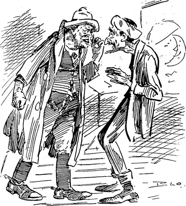 Image: Wet Weather Wragge (gratified): Certainly, my friend, I'm the Clement Wragge who predicts the weather. . Cocky: W ell, then, cut out the bloomin' rain or 111 break your barbed-wire neck���see ? (Observer, 28 July 1917)