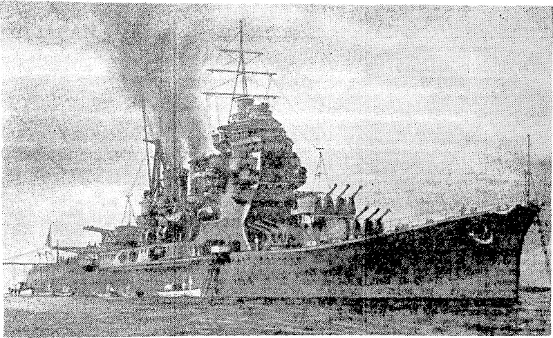 A Japanese cruiser of the Mogami class, one of tvhich was put out, of action off Java. Cruisers of this class are of 8500 tons displacement, are armed with 15 6-inch guns, and have g. speed o[ 23 knots. (Evening Post, 02 March 1942)