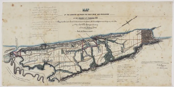 Burgoyne, W. H, fl 1867-1869 : Map of the country between the river "Mimi" and Pukearuhe in the province of Taranaki, N.Z. [copy of ms map] 1866