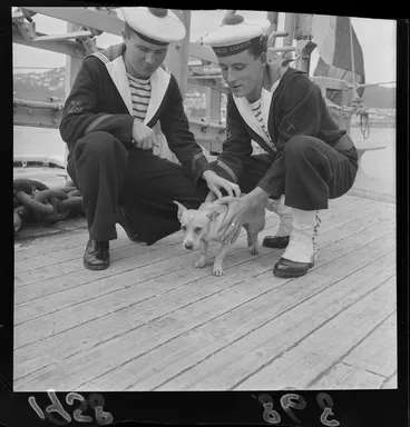 Image: Two crew members of the French navy sloop, Francis Garnier, with the ship's mascot, a dog named Kohgy