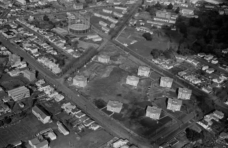 Aerial view of the Philips Street flats, Freemans Bay, 1964