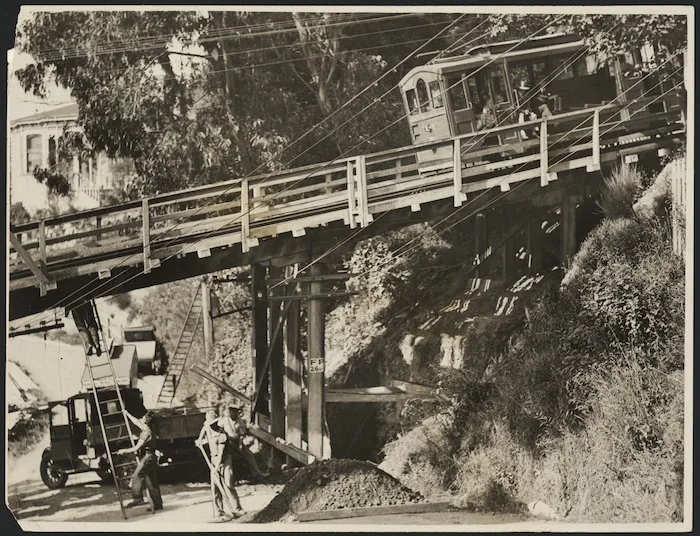 Kelburn cable car on the Everton Terrace bridge, Wellington, New Zealand.