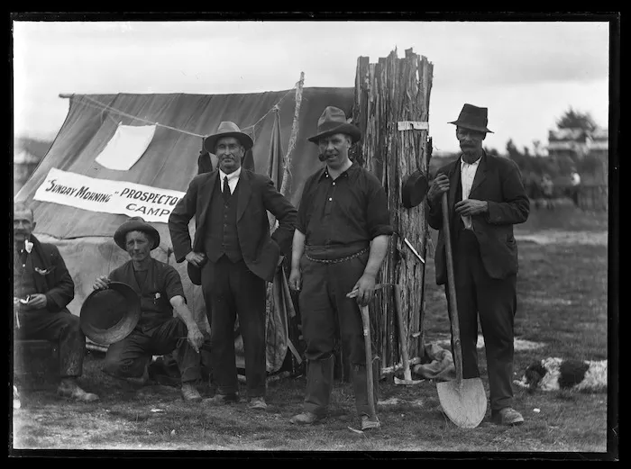 Group of men at "Sunday Morning Prospector's camp" during Waiuta jubilee celebrations