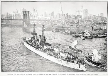 Image: New York, the chief port of the United States of America in war-time: striking view showing the battleship Texas setting out from the harbour