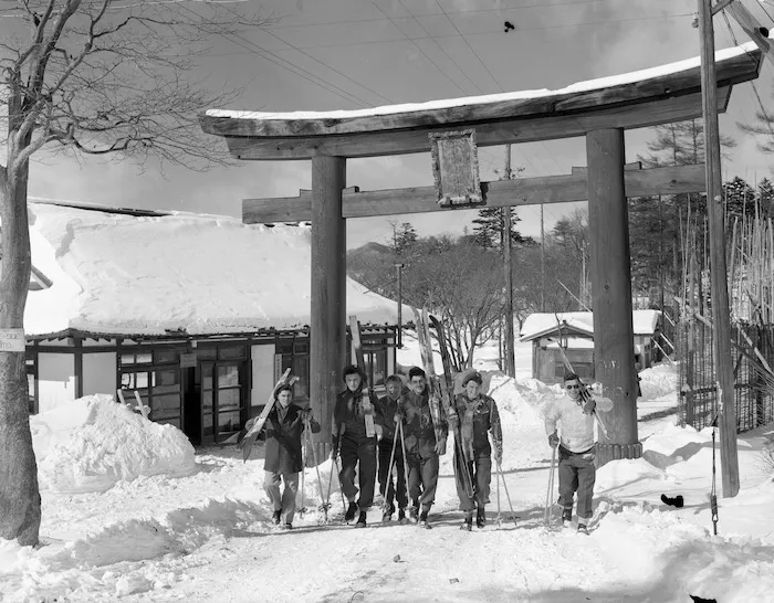 NZEF in Japan - New Zealand staff of the Lakeside Hotel, BCOF Holiday Hotel on the shore of Lake Chunzji, indulge in winter sports.