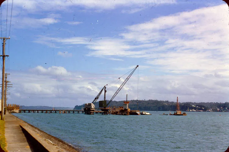 View northwest from Westhaven as southern anchorage construction begins, 1956