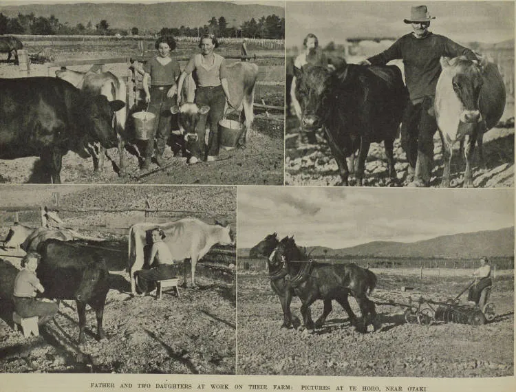 Father and two daughters at work on their farm: pictures at Te Horo, near Otaki