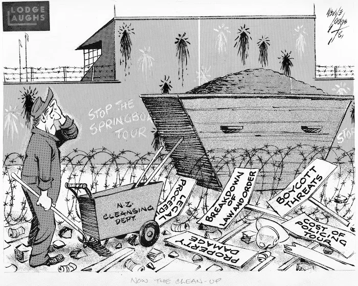 Lodge, Nevile Sidney, 1918-1989 :Now the clean-up. Stop the Springbok Tour. N.Z. cleansing dept. Legal proceedi[ngs]. Breakdown of law and order. Boycott threats. Cost of policing tour. Property damage. Evening Post. 14 September 1981.