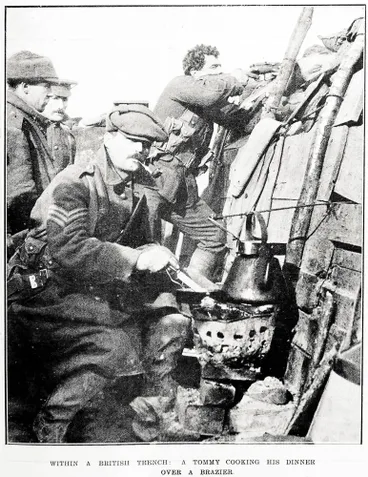 Image: Within a British trench: a Tommy cooking his dinner over a brazier