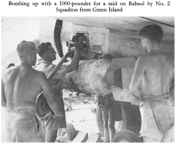 Bombing up with a 1000-pounder for a raid on Rabaul by No. 2 Squadron from Green Island