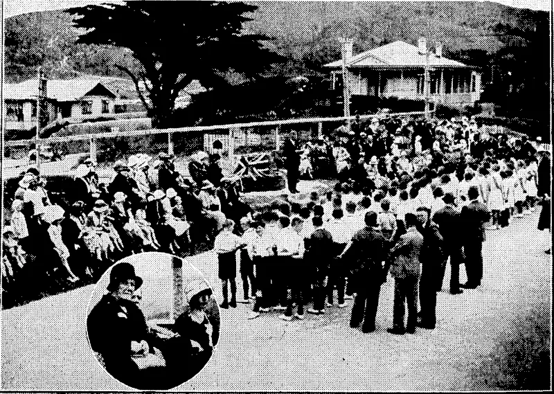 Evening Post" Photo. KARORI SCHOOL CELEBRATES ITS SEVENTY-SIXTH BIRTHDAY.—Parents and pupils assembled yesterday in the grounds of ,Karori School to celebrate the seventy-sixth anniversary of the founding of the school. Mr. H. L. P.Dyett, chairman of the committee, is addressing the gathering. .Behind him is the bird bath which was unveiled by Sir Harold Beauchamp in memory of his daughter, Katherine Mansfield, once a pupil of the school. Inset, Mrs. Harriet Cole, the oldest ex-pupil attending the function. (Evening Post, 21 December 1933)