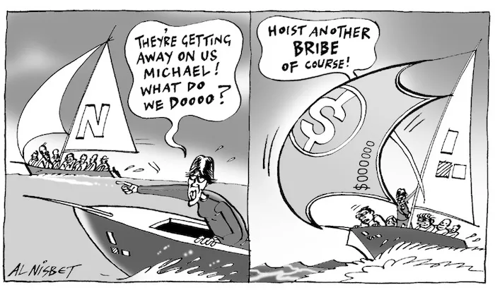 "They're getting away on us Michael! What do we doooo?" "Hoist another BRIBE of course!" 7 September, 2005
