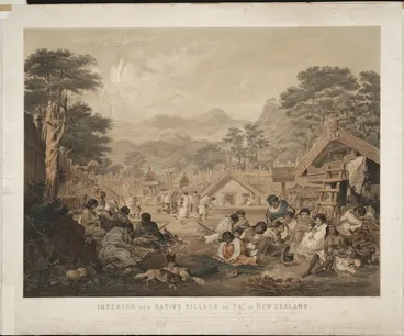 Image: Gilfillan, John Alexander 1793-1864 :Interior of a native village or "pa" in New Zealand, situated near the Town of Petre, at Wanganui... J.A. Gilfillan, pinxt., E. Walker, lithr. [London] Day & Son [1850]