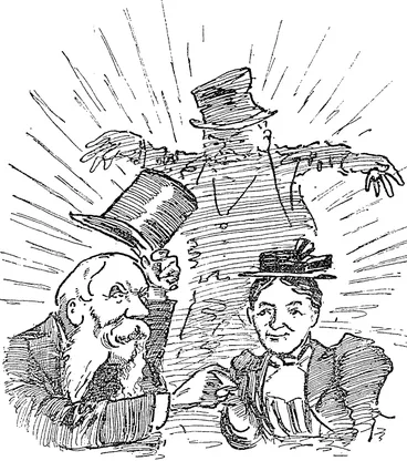 Image: Peace at IVast in Onehtmga.  Councillor J. D. Jackson and the ex-Lady Mayor have joined hands and become reconciled. And old Tom Givenan has given his blessing. What price Mr 3 Yates for the mayoralty now ? (Observer, 24 October 1896)