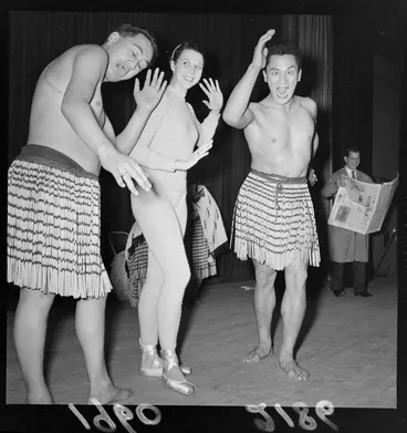 Image: Ballerina Beryl Grey with two unidentified young male Maori dancers on an unknown stage, probably Wellington City
