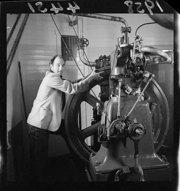 Image: Pencarrow lighthouse keeper Mr R G Jones, maintaining the foghorn