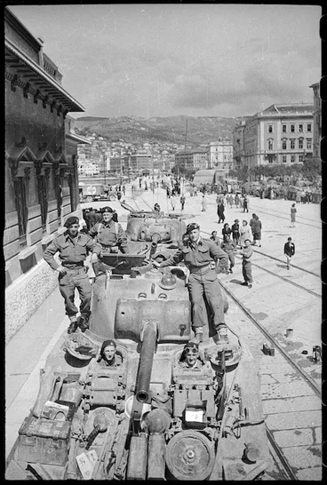 Image: New Zealand tanks in Trieste, Italy, towards the end of World War II - Photograph taken by George Kaye