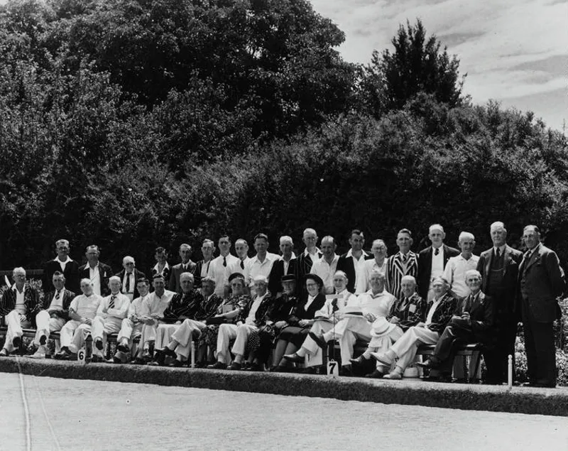 Sport. Lawn Bowls, Club Members Posed on the Side of their Bowling Green. Christchurch. Canterbury. New Zealand.