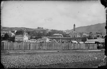 Image: View from Thorndon Quay, Wellington, showing buildings on Lambton Quay including Queen's Hotel and Casey & McDonald miliners and drapers, and The Terrace, including St-Andrew's-on-the-Terrace Presbyterian church