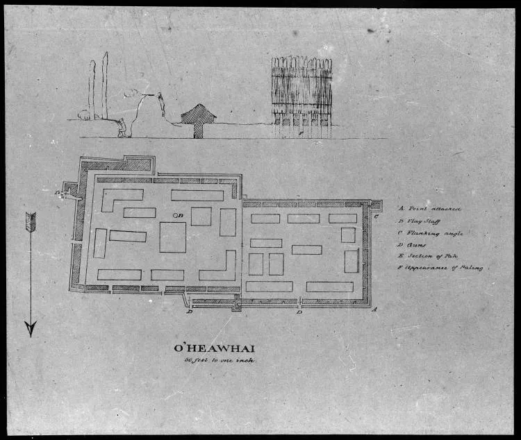 Plan of Ōhaeawai pa, Bay of Islands, 1845