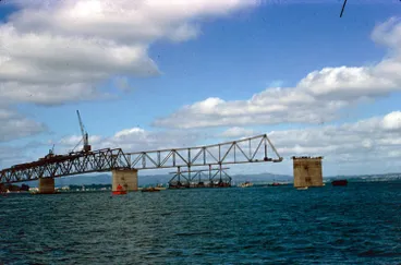 Image: Pick-a-back section being floated into place, Auckland Harbour Bridge, 1958