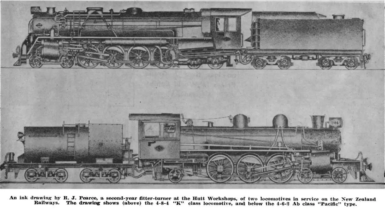 An ink drawing by R. J. Pearce, a second-year fitter-turner at the Hutt Workshops, of two locomotives in service on the New Zealand Railways. The drawing shows (above) the 4-8-4 “K” class locomotive, and below the 4-6-2 Ab class “Pacific” type