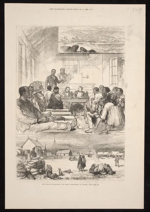 Artist unknown :New Zealand sketches; the Maori parliament at Orakei - see page 553. The Illustrated London news, Dec. 4, 1880 - [page] 55[7?]