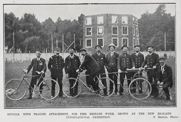 Image: BICYCLE, WITH TRAILER ATTACHMENT, FOR FIRE BRIGADE WORK, SHOWN AT THE NEW ZEALAND INTERNATIONAL EXHIBITION