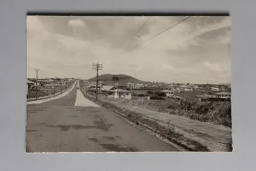 Image: View of Mt Roskill from Dominion Rd Tram Terminus, showing extension of road in concrete through to Richardson Rd