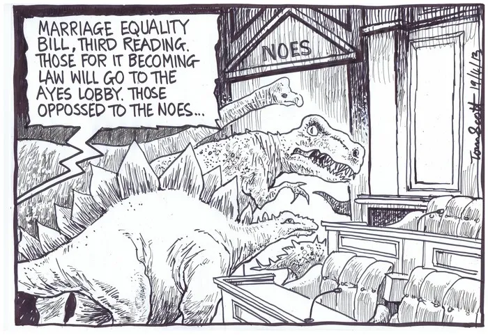 Scott, Thomas, 1947- :"Marriage Equality Bill, third reading. Those for it becoming law will go to the ayes lobby. Those opposed to the noes..." 19 April 2013
