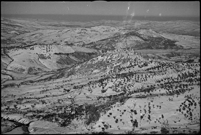 Aerial view of a mountain village in the Sangro River area, Italy, World War II - Photograph taken by George Kaye