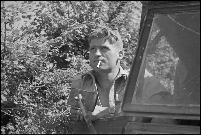 N F Kilworth one of the New Zealanders following up the retreating German forces on the Italian Front, World War II - Photograph taken by George Kaye