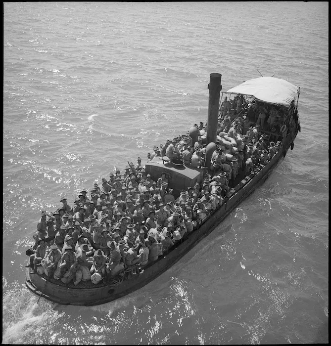 NZ reinforcements in lighter at Suez, World War II - Photograph taken by S Wemyss