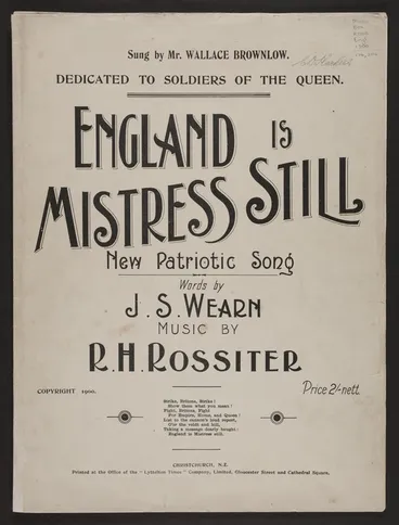 Image: England is mistress still / words by J.S. Wearn ; music by R.H. Rossiter.