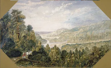 Image: [Brees, Samuel Charles] 1810-1865 :[View looking towards Wellington, from the Hutt Road, at the gorge separating the lower from the Upper District ca 1845]