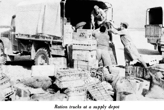 Ration trucks at a supply depot