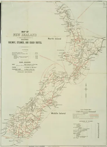 Map of New Zealand shewing railway, steamer and coach routes Image: Map of New Zealand shewing railway, steamer and coach routes