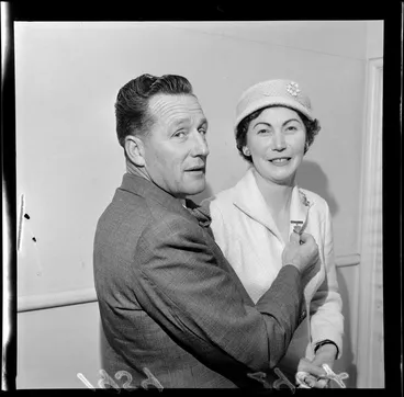 Image: President of the New Zealand Marching Association, Mrs Norma Mangos, and an unidentified man