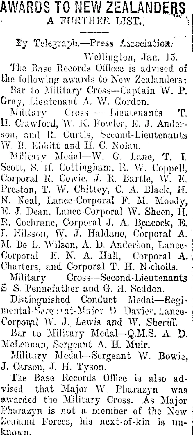 AWARDS TO NEW ZEALANDERS (Taranaki Daily News 16-1-1919)