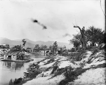 Image: Scene alongside the Ohinemuri River, near Paeroa, with a goldmining dredge
