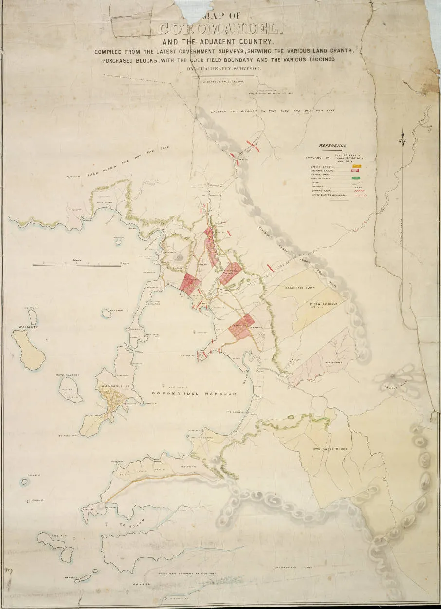 Map of Coromandel and the adjacent country, compiled from the latest government surveys, shewing the various land grants, purchased blocks, with the gold field boundary and the various diggings, by Charles Heaphy